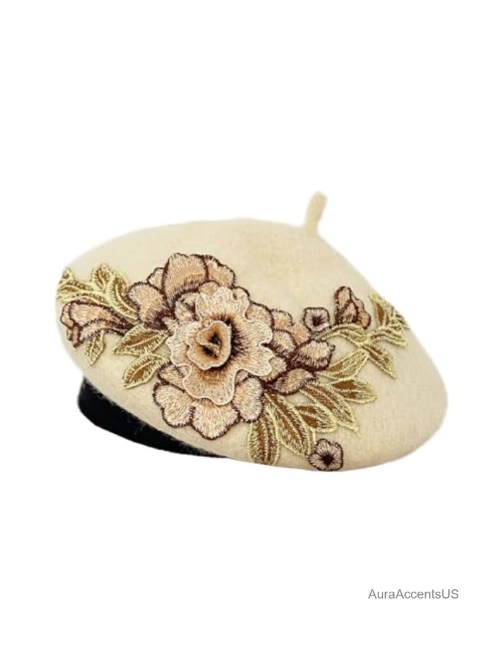 French Beret Wool Blend Floral Embroidery Winter Hat Beanie Cap Adjustable